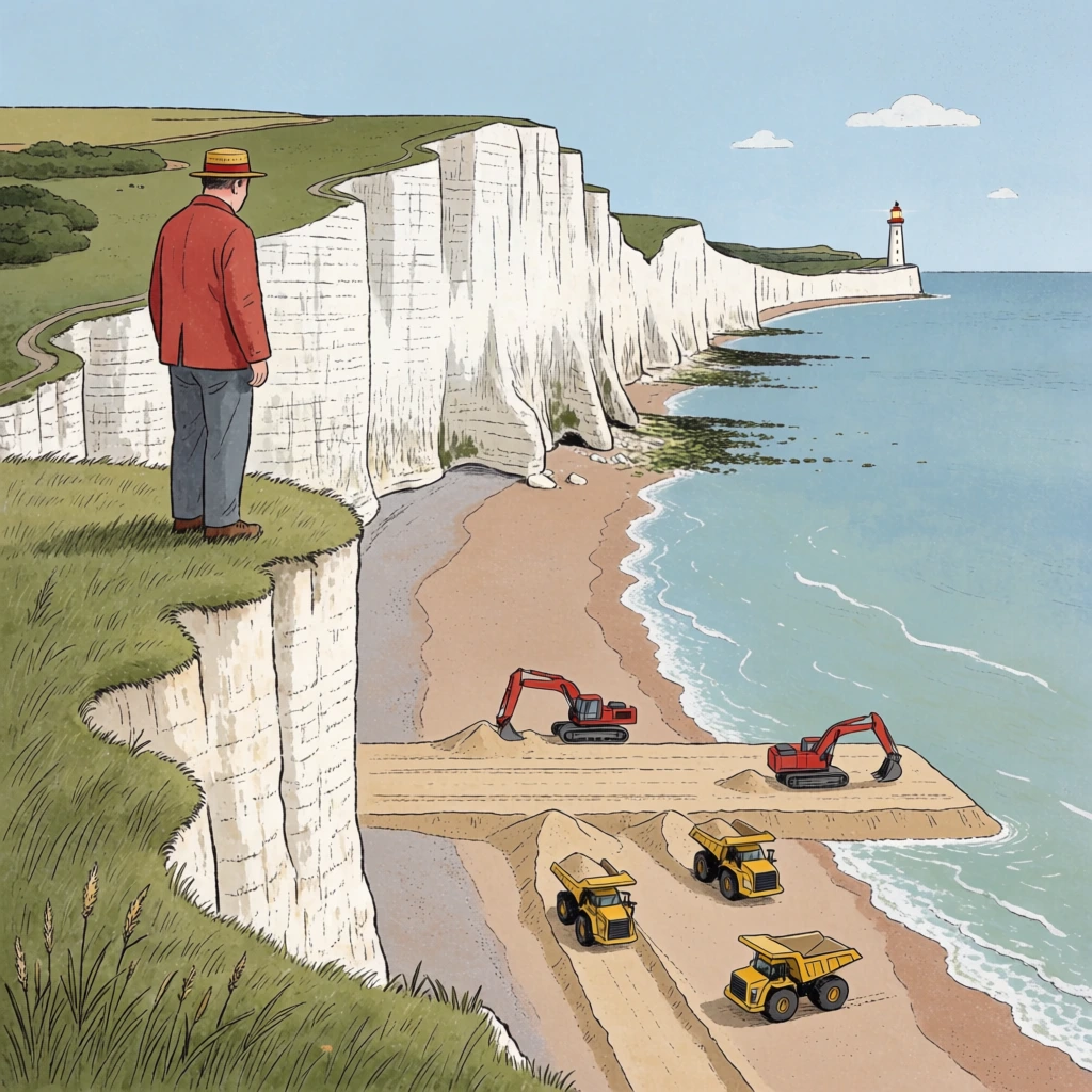 A man in a red jacket and straw hat stands on a high grassy cliff, looking down at a beach bordered by towering white chalk cliffs and a distant lighthouse. Below on the sand, tiny yellow dump trucks and red excavators are surrealistically building a flat, rectangular sand road directly out over the gentle blue sea. The illustration features muted pastel colors, clean linework, and stippled textures.
