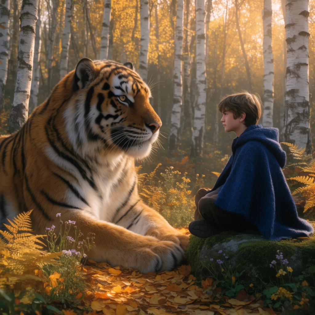 A colossal Bengal tiger resting on golden leaves in a sun-drenched autumn birch forest, facing a teenage boy in a heavy indigo wool cloak. The boy sits cross-legged on a mossy stone, gazing calmly at the giant feline. Warm golden-hour sunlight filters through silver birch trunks, casting dramatic shadows across scattered ferns and wildflowers. Cinematic lighting, photorealistic fantasy film still.