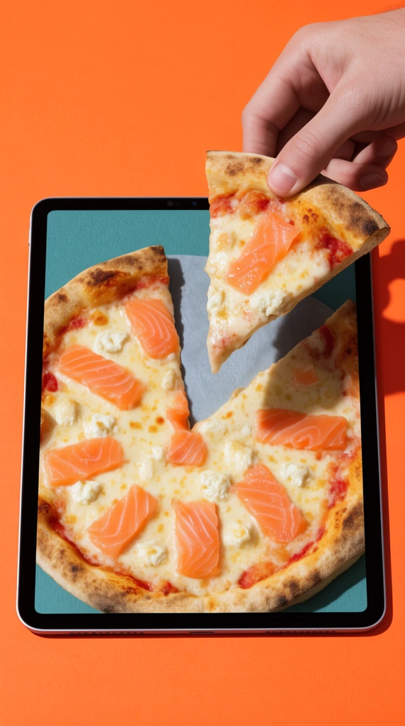 Hand lifting a pizza slice out of a tablet screen, tablet displays remaining pizza, salmon and cheese toppings, solid orange background, surreal flat lay