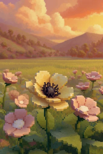 Retro Voxel Sunset style reference image — pixelated textures