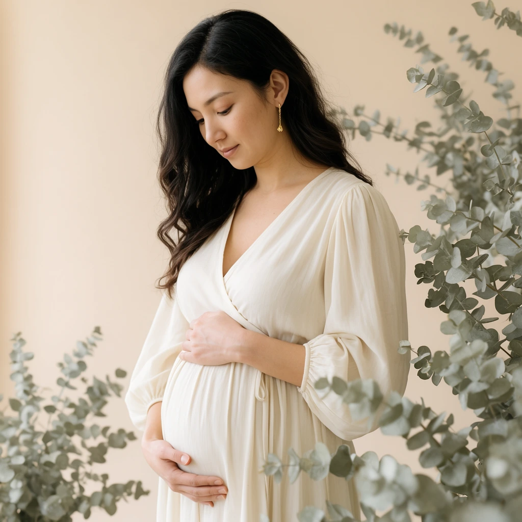 A pregnant woman with long wavy dark hair gazes downward, her hands gently cradling her belly. She wears a flowing off-white wrap maternity dress with a deep V-neck and gathered sleeves. Delicate gold earrings catch soft diffused light illuminating her from the left. Muted silver-green eucalyptus branches frame the composition on the right and lower left against a solid pale beige background. Captured with a shallow depth of field, the softly blurred foreground leaves enhance the calm studio portrait, emphasizing organic textures and a soft warm neutral color palette.