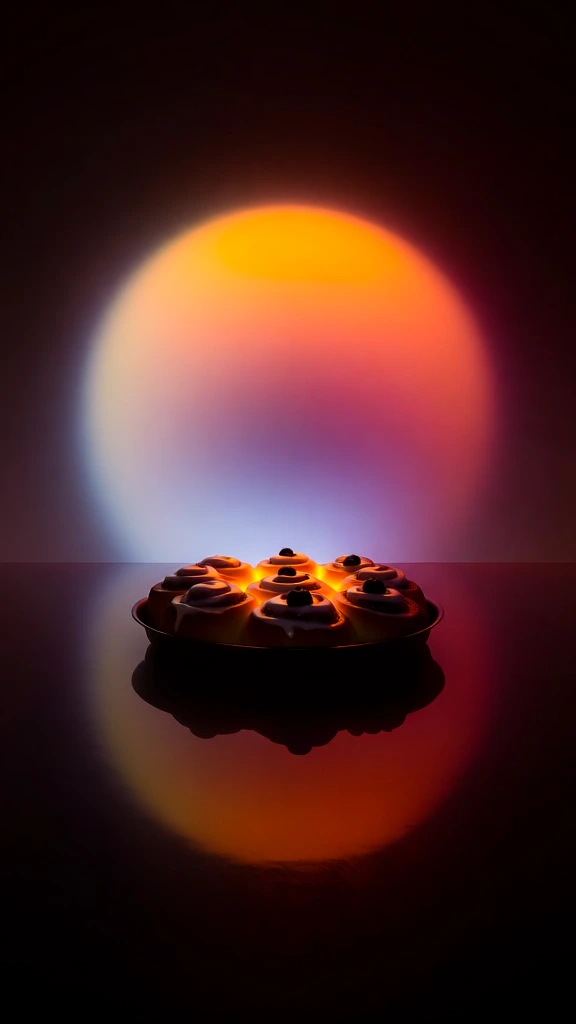 a pan of seven frosted cinnamon rolls topped with blueberries and fluid icing swirls, centered against a massive radiant orb with deep gradients of sunset orange and violet, high-gloss obsidian floor with perfect mirror reflections, james turrell light and space movement aesthetic, soft-focus atmospheric haze, ethereal glow, minimalist composition, ultra-smooth gradients, cinematic stillness, deep shadow void, high-signal textural contrast, sculptural silhouette lighting