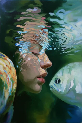 Submerged Impasto Surrealism style reference image — deep teal and emerald palette