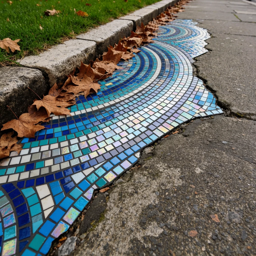 vibrant geometric mosaic filling a jagged crack in a rough gray concrete sidewalk, tiny glossy tiles in bright blue teal white and iridescent silver arranged in sweeping curves, light gray stone curb bordering a dark street gutter, crisp brown autumn leaves gathered along the edge, patch of vivid green grass, high-angle perspective, natural daylight, rich textural contrast between smooth colorful tiles dull pavement and brittle leaves