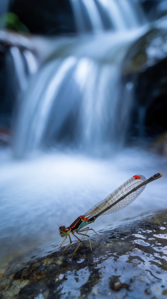 Damselfly with red-spotted wings perched on a wet rock, silky long-exposure waterfall background, cool blue hues, macro photography, sharp foreground, cascading water