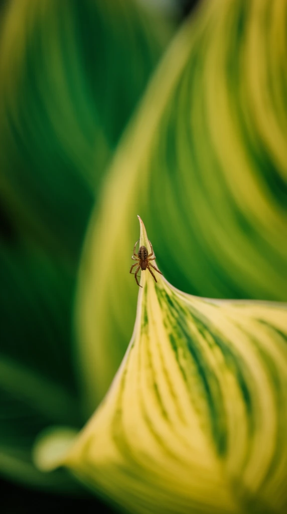 A tiny brown spider perches on the sharp tip of a sweeping, variegated yellow and green leaf. Extreme macro photography isolates the crisp arachnid against heavily blurred, flowing gradients of emerald and chartreuse foliage, highlighting fluid organic curves and dramatic scale contrast.
