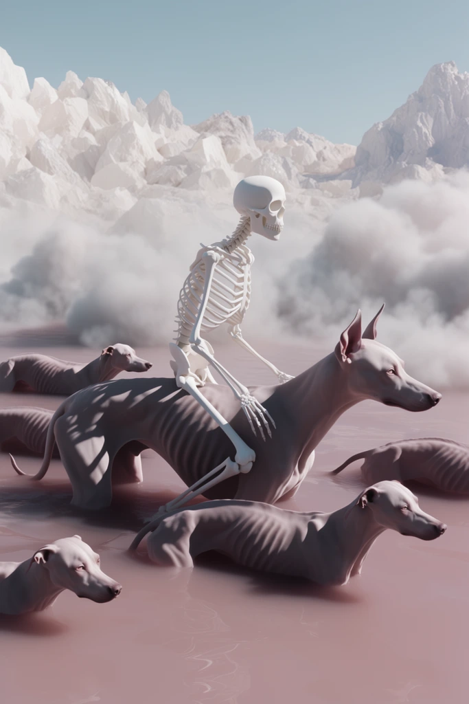 Gaunt dogs with sharply pronounced ribcages swim through a dense, opaque dusty-rose liquid, with a stark white skeletal figure mounted on the back of the lead dog. The dogs' taut, hyper-realistically rendered forms and the skeletal rider's smooth bone structures are illuminated by harsh, high-contrast directional sunlight, casting crisp, deep shadows across their anatomy. Sculptural, solid-looking plumes of dense white fog envelop the midground, separating the subjects from a barren backdrop of jagged, chalky-white, crystalline mountains under a pale cerulean blue sky. The surreal, 3D-rendered composition utilizes a pristine, pastel color palette of dusty mauve, sterile white, and muted blue, characterized by immaculate matte textures, precise volumetric lighting, and the polished, liminal aesthetic of a high-end conceptual digital dreamscape.