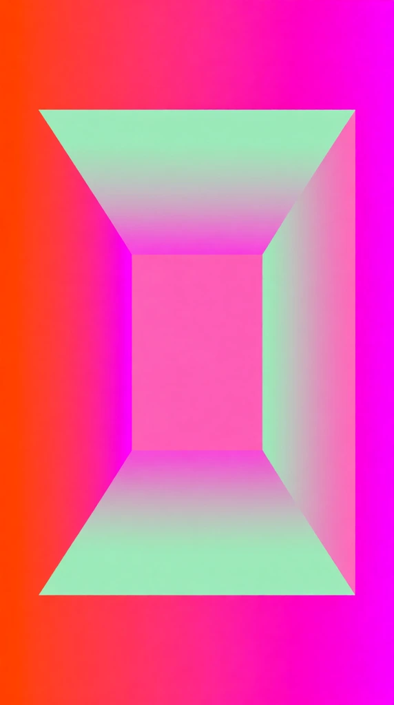 abstract geometric composition, 3D optical illusion of a recessed rectangular tunnel, forced perspective, vibrant neon gradient mesh, electric orange fading into hot pink background, angled interior walls with smooth mint green and soft magenta gradients, central flat pink rectangle creating depth, soft airbrushed texture, minimalist contemporary digital art, vivid high-contrast color palette, clean sharp edges