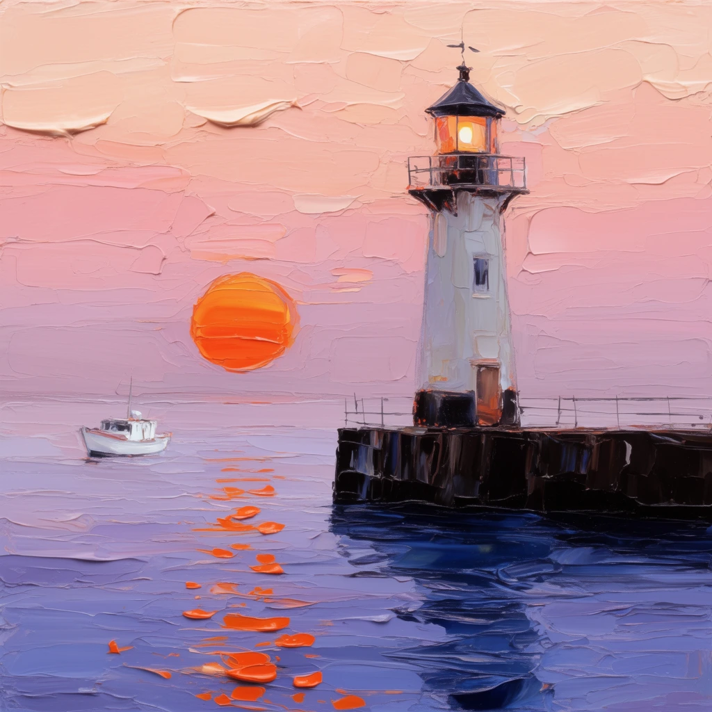 heavy impasto painting of a coastal sunset, tall lighthouse on a dark pier, glowing lantern room, large vibrant orange sun on the horizon, small white boat on the left, pastel sky of thick peach and pink strokes, lavender and deep blue ocean water, bright orange reflections rippling in thick dabs of paint, expressive palette knife technique, tactile surface with pronounced three-dimensional ridges, serene atmosphere