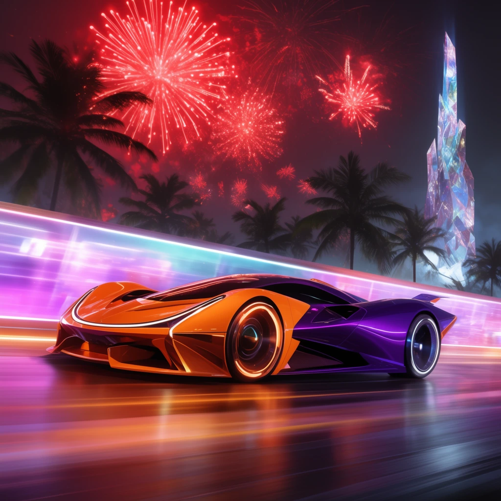 An enclosed futuristic hypercar in vibrant orange and deep purple speeds along a glowing track with heavy motion blur. Silhouetted palm trees, a towering crystal spire, and massive red fireworks fill the night sky above the glowing barrier.