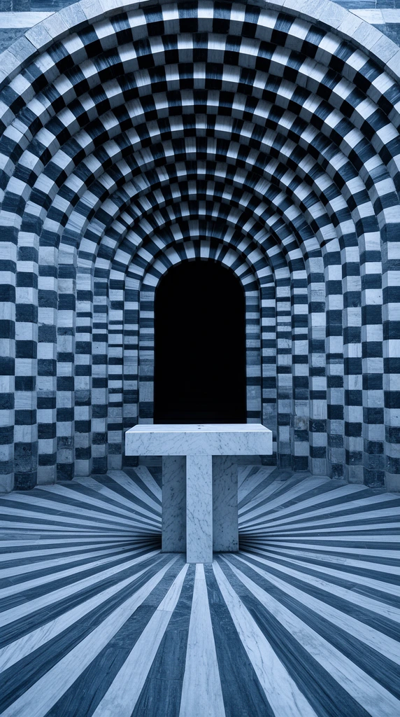 A deeply recessed architectural archway of alternating dark and light stone blocks forms a striking geometric tunnel. Concentric arches draw the eye to a solid black arched doorway at the center. A minimalist T-shaped marble altar stands on a floor of radiating two-toned stone stripes. Symmetrical central perspective and a cool bluish-grey palette emphasize the stark checkerboard patterns.