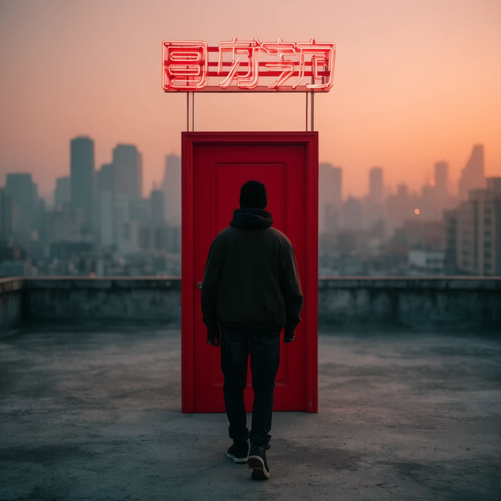A figure viewed from behind approaches a freestanding bright red door on a bare concrete rooftop. A glowing red neon sign structure rests on thin metal poles above the doorframe. A hazy city skyline is visible in the background beneath a warm peach sunset sky. The cinematic shot uses shallow depth of field to isolate the subject against the softly blurred urban landscape.