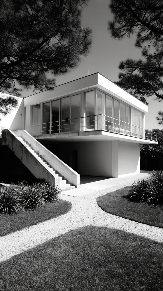 A high-contrast black-and-white architectural photograph of a two-story modernist house with an exterior concrete staircase and a cantilevered glass-walled balcony. Clean geometric lines and bright white facades contrast with deep, recessed shadows on the ground level. Floor-to-ceiling windows line the upper volume behind a simple railing. A light gravel path forms a Y-shape through manicured lawns and spiky shrubs in the foreground. Dark silhouettes of sprawling pine branches frame the upper corners, their organic textures heavily juxtaposing the rigid, boxy architecture beneath intense sunlight.