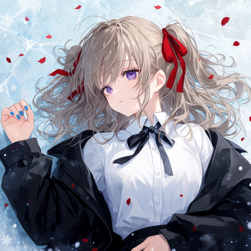 anime girl lying on cracked ice from a top-down perspective, ash-blonde hair in messy twin tails with red ribbons, violet eyes, white collared blouse, oversized black jacket slipping off shoulders, raised hand with blue nail polish, scattered red petals and snowflakes drifting over pale blue frost, cool winter color palette accented by black and crimson, soft ethereal lighting, windblown hair, detailed digital illustration