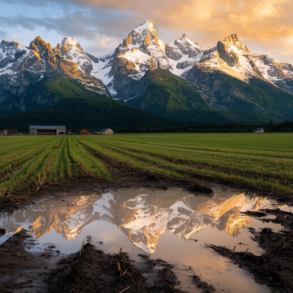 Large muddy puddle in a harvested green field, reflecting a towering snow-capped mountain range, forested foothills, sunlit jagged peaks, distant farm buildings, golden hour sky, scenic landscape photography