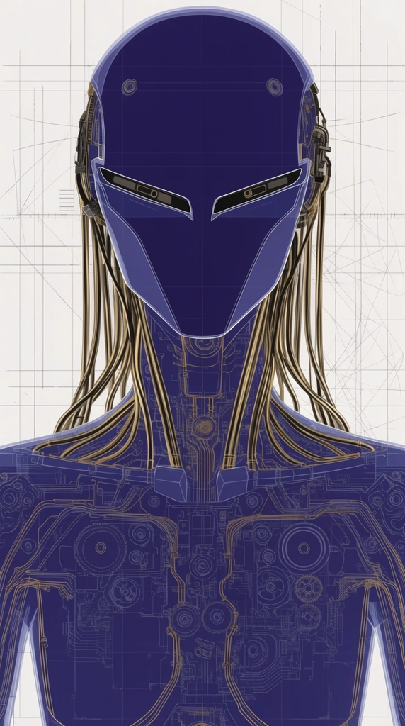 A technical blueprint-style illustration of an adult female android rendered in deep indigo and gold. The figure features a smooth domed head with cascading metallic cables, a sharp angular face, and narrow visor-like optical sensors. Drawn as a flat schematic, intricate internal mechanics, gears, and circuitry are visible beneath a semi-transparent outer shell. Complex wiring maps the synthetic musculature of the neck and torso against a stark background layered with geometric grid lines and drafting marks.