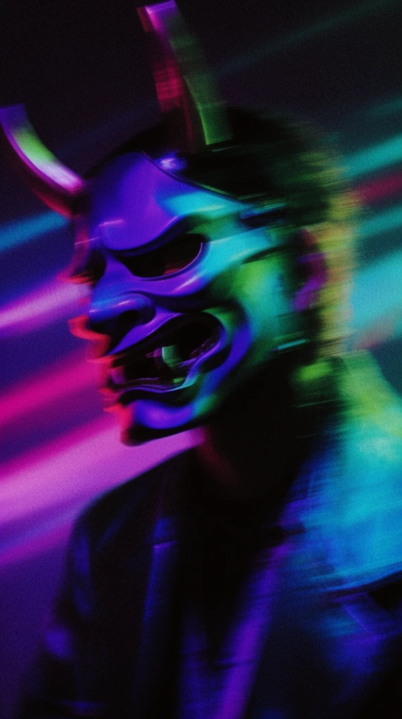 A heavily motion-blurred person wearing a demon mask, captured with a slow shutter speed effect that smears their form horizontally across the frame. The central figure and the structural features of the mask are illuminated by intense, highly saturated neon lighting in stark gradients of deep purple, electric cyan, and vivid green. Bold streaks of magenta and teal light drag across a dark, high-contrast background, bleeding into the subject's silhouette and creating luminous trails. The composition is characterized by a gritty, heavy film grain texture, harsh directional blur, and glowing highlights set against deeply crushed black shadows, resulting in a chaotic, high-energy visual distortion.