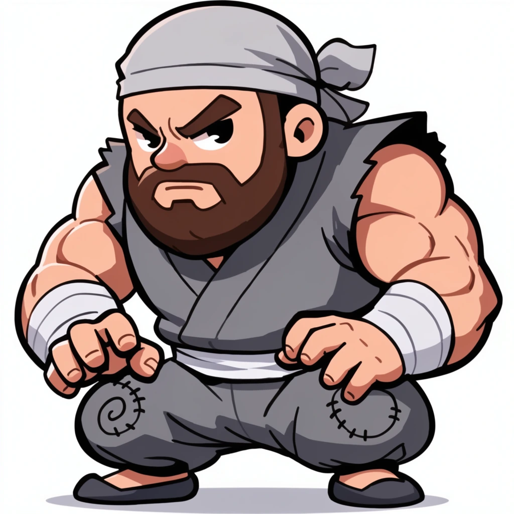 A 2D vector illustration of a heavily muscled, squatting warrior with exaggerated, top-heavy proportions isolated against a stark white background. The character features an oversized head with a thick brown beard, furrowed brow, and an intense, downward gaze. He wears a light gray head wrap with a trailing cloth, a sleeveless gray tunic with jagged shoulder hems, a white waist sash, and baggy gray trousers detailed with spiral stitching at the knees. His bulging arms bear tight white wristbands, and his hands are poised in a claw-like grip above dark gray slip-on shoes. Rendered with thick, continuous black outlines and crisp cel-shaded coloring, the artwork contrasts a playful, compressed stature with an aggressive, hyper-masculine combat posture. A minimal soft gray drop shadow anchors the figure.