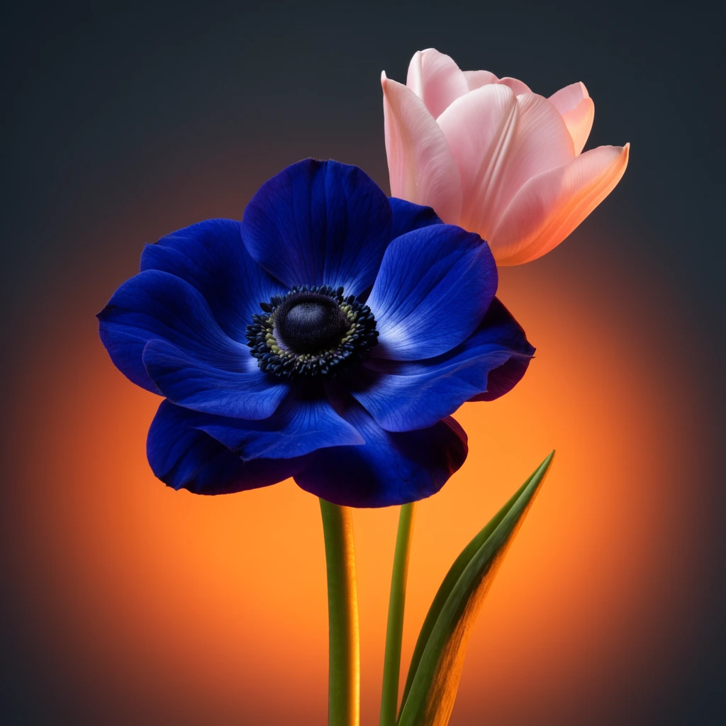 large deep cobalt blue anemone with dark textured center, delicate pale pink tulip slightly behind and above, slender green stems catching warm amber edge light, single pointed leaf, striking gradient background transitioning from dark slate grey to a luminous orange circular halo, dramatic studio lighting, contrasting complementary colors, sharp macro photography, fine art floral portrait