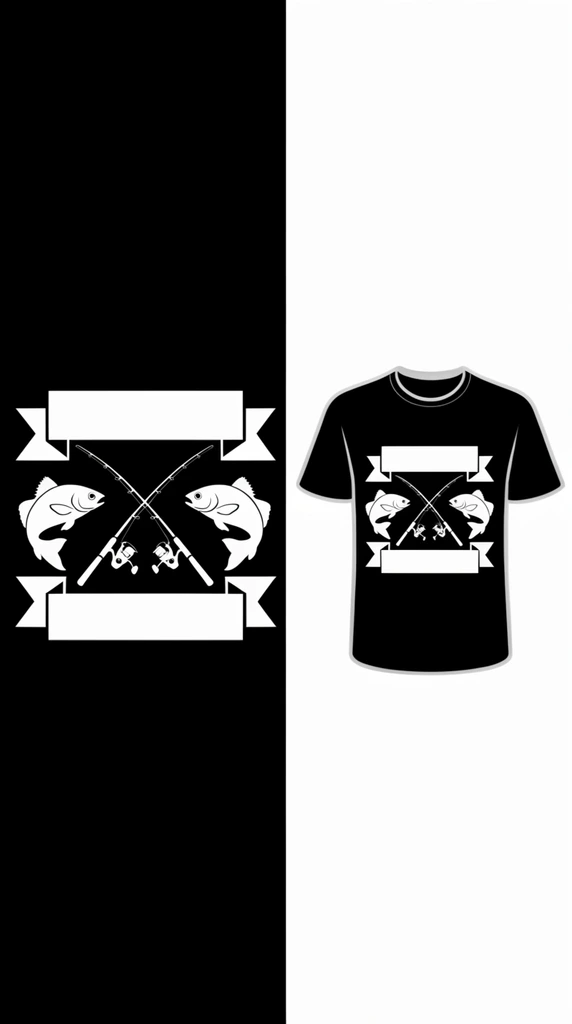 split-screen layout, high-contrast black and white palette, left panel displaying white vector graphics on a solid black background, right panel showing a black short-sleeved crewneck t-shirt mockup on a white background, garment chest printed with the identical white vector design, graphic elements include stacked geometric ribbon banners, symmetrical jumping fish silhouettes, diagonally crossed fishing rods with reels, solid horizontal framing borders, flat vector style, apparel presentation