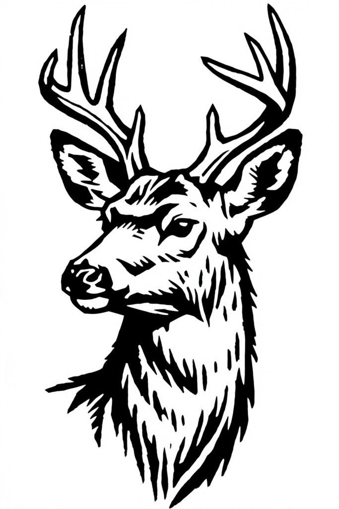 A high-contrast, black-and-white graphic illustration of a deer head rendered in a bold linocut technique. The buck is depicted in a three-quarter profile facing left, featuring sturdy, forked antlers and tall, pointed ears. Heavy ink strokes create deep shadows around a sharply angled eye and rounded snout. Thick, jagged contour lines define the silhouette, while rhythmic dashes texture the thick fur along the neck. Isolated against a stark white background, the pure monochrome composition relies entirely on stark positive and negative space, mimicking traditional relief printmaking for a crisp, stamp-like aesthetic.