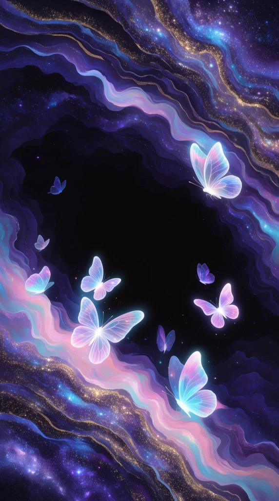 glowing bioluminescent butterflies emerging from a pitch-black void, swirling fluid textures resembling iridescent geode layers, deep indigo and violet space, pastel pink and neon cyan luminous highlights, glittering stardust particles across undulating galactic waves, translucent wings with radiant outlines, ethereal fantasy illustration, high contrast, shimmering gold dust, surreal cosmic portal
