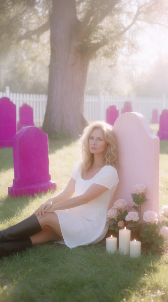 A woman with wavy blonde hair in a short-sleeved white dress and dark knee-high boots sits on green grass, resting against a pale pink gravestone. Pale pink roses and three lit white pillar candles sit at the base. The sunlit cemetery contains scattered bright magenta headstones, a massive tree trunk, and a distant white picket fence. Overexposed backlighting creates an ethereal, soft-focus haze, rendering the scene with a dreamlike pastel aesthetic.