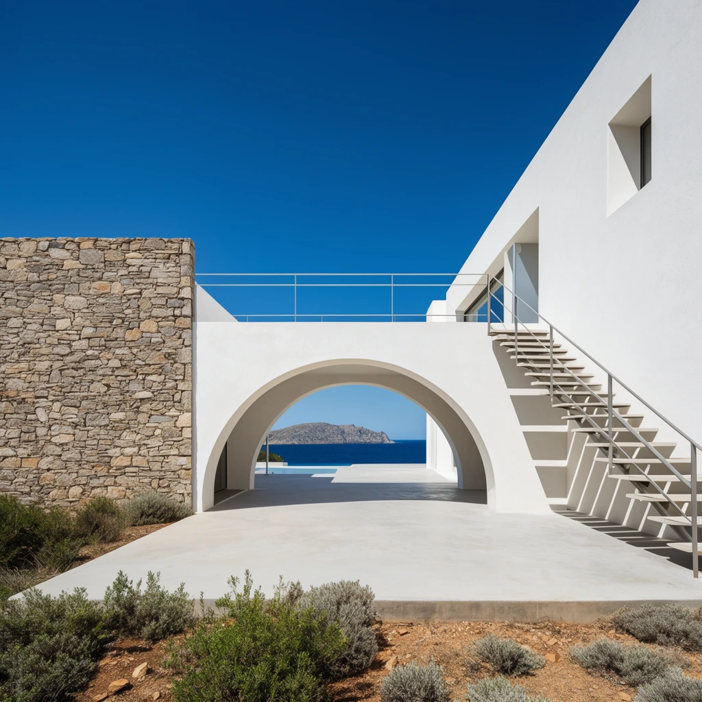 modern coastal villa, stark white stucco architecture intersecting a rugged natural stone wall, wide archway beneath an elevated walkway with metal railings, smooth concrete terrace, minimalist open staircase, native green shrubs in dry soil, distant rocky island and deep blue ocean framed perfectly through the arch, clear vivid blue sky, bright daylight, sharp shadows, wide-angle architectural photography, clean minimalist Mediterranean aesthetic