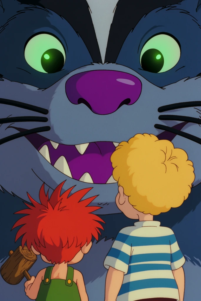 A close-up perspective of two young boys standing before the colossal face of a giant, blue-furred badger creature that fills the entire background. The towering beast has huge glowing green eyes, a bright purple snout, and a wide open mouth showing jagged white teeth and a purple tongue, with thick black whiskers on its cheeks. In the foreground, viewed from behind, the smaller boy on the left has spiky red hair, wears green overalls, and holds a wooden mallet. The taller boy on the right has curly blond hair and wears a blue-striped shirt. They gaze up at the creature's massive smile. The scene is rendered in classic 2D hand-drawn animation style with crisp linework, flat vibrant color blocking, and warm cinematic lighting.