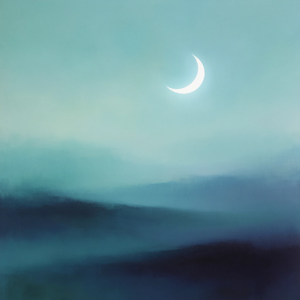 A luminous white crescent moon floats in a hazy aquamarine sky above a dark, abstract landscape. The atmospheric painting transitions smoothly from pale teal to deep indigo. Soft, blended brushstrokes form foggy, rolling hills, emphasizing a prominent canvas texture and a serene, minimalist composition.