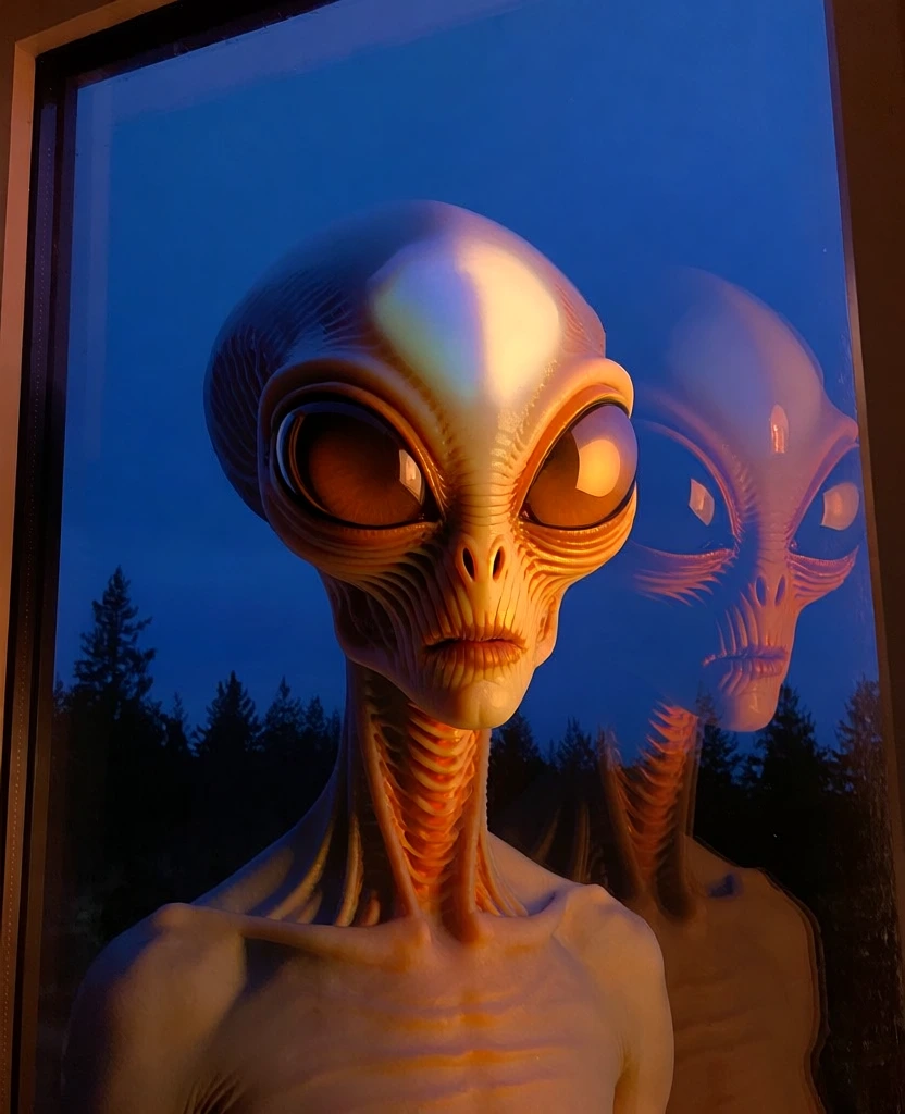 monstrous alien with colossal obsidian eyes and ribbed bioluminescent ridges reflecting a warm amber glow, positioned in foreground against a window pane, a ghosted secondary reflection offset to the right, bathed in incandescent orange light, background features the deep ultramarine of a twilight blue hour sky above the silhouetted jagged treeline of a dark forest, cinematic color contrast, diffused atmospheric radiance, subtle film grain, low-light long exposure aesthetic.