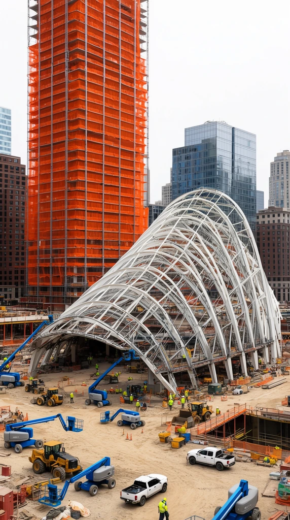 A massive curved white steel exoskeleton canopy under construction stands next to a tall skyscraper wrapped entirely in bright orange safety netting. The foreground is an active dirt construction site filled with blue boom lifts, yellow earthmovers, white pickup trucks, and workers in high-visibility gear. Flat daylight from an overcast sky illuminates the surrounding urban landscape of modern glass and brick high-rise buildings.