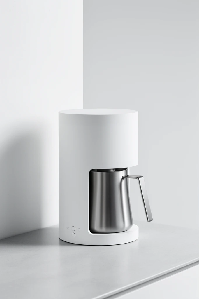 minimalist cylindrical white coffee maker, matte white body with a deep cutout, brushed stainless steel carafe with an angular metallic handle, small circular control buttons on the lower left base, resting on a smooth pale gray countertop in a pristine architectural corner, crisp white wall to the left, light gray backdrop, soft diffused studio lighting, subtle shadow cast to the left, high-key monochromatic color palette, clean geometric lines, minimalist product photography, eye-level perspective, sharp focus