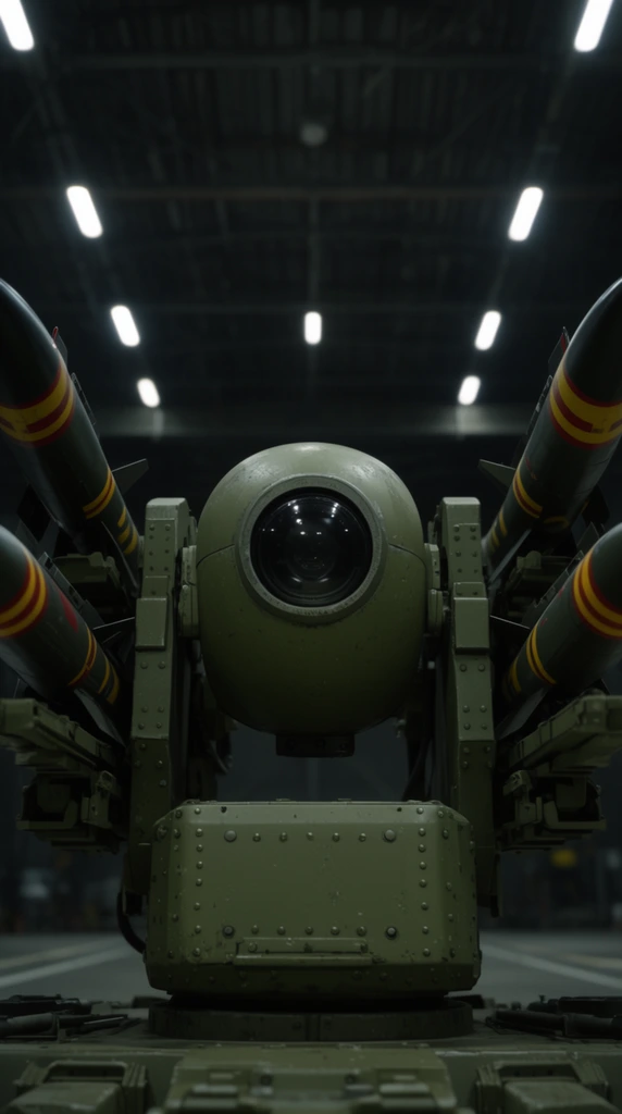 Symmetrical low angle shot of an olive green automated weapon system, central spherical sensor head with dark glass lens, boxy riveted chassis, flanked by dark missiles with yellow and red stripes on weapon pylons, dark industrial hangar background, illuminated by rows of overhead fluorescent lights, shallow depth of field, cinematic lighting