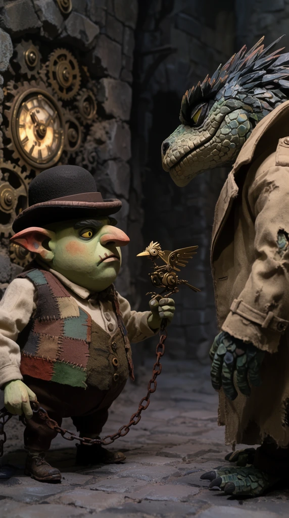 stop-motion animation style, stout spherical goblin in a patchwork vest and wide-brimmed bowler hat, holding a rusted iron chain attached to a mechanical brass bird, facing a large reptilian humanoid with jagged scales and a torn trench coat, dusty clockwork alleyway, glowing gears embedded in stone walls, moody directional lighting, tactile puppet textures, dark fantasy aesthetic, cinematic framing