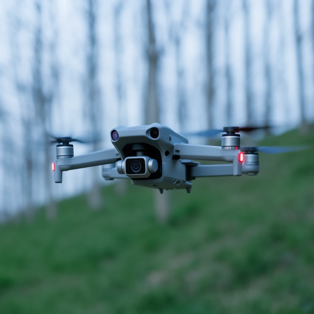 A sleek gray quadcopter drone hovers mid-air, displaying blurred spinning propellers, a central camera gimbal, and red front lights. The heavily blurred background features slender trees on a green slope, captured with shallow depth of field and cool, diffused natural lighting.