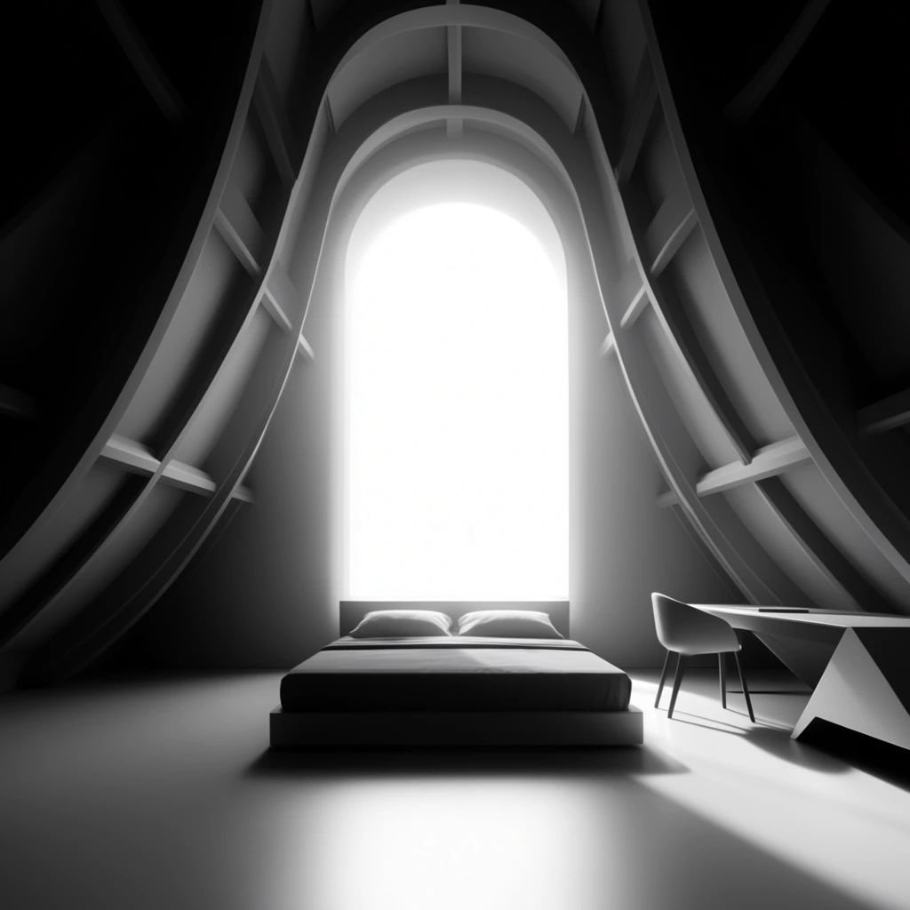 A stark, monumental bedroom rendered in extreme high-contrast black and white, centered around a sleek geometric bed and a towering, arch-shaped large window emitting an intense, glowing white backlight. A rigid, angular desk and a perfectly smooth chair sit within the space, their forms defined by sharp rim lighting and deep, jet-black shadows. The surrounding architecture consists of sweeping, grand structural ribs and sharply converging beams that frame the central bed and window in strict, dramatic symmetry. Blinding, pure white light from the massive window floods the flawlessly smooth, matte floor, creating pristine grayscale gradients and intense chiaroscuro. The digital rendering features immaculate, pristine surfaces, emphasizing flawless curved shapes, imposing architectural scale, and a dramatic, cinematic visual aesthetic.