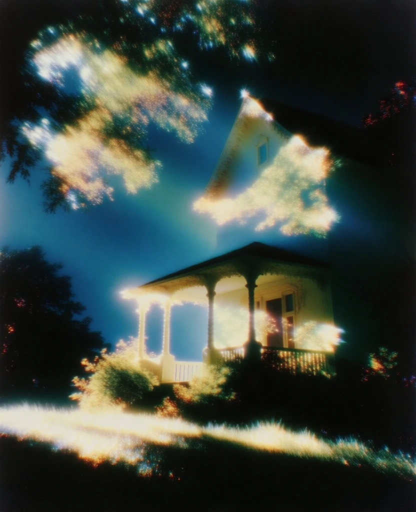victorian-style house with a covered front porch, ethereal dreamlike aesthetic, soft-focus haziness, intense light bloom, deep midnight blue background, warm golden highlights, chromatic aberration, vintage film grain, lo-fi nostalgic quality, low angle perspective, surreal atmosphere, glowing ground, sparkling textures, misty halation, cinematic lighting, prism-like light scattering, mystical cosmic vibe, painterly texture, heavy diffusion, dreamy glow, sparkling overhanging tree branches.