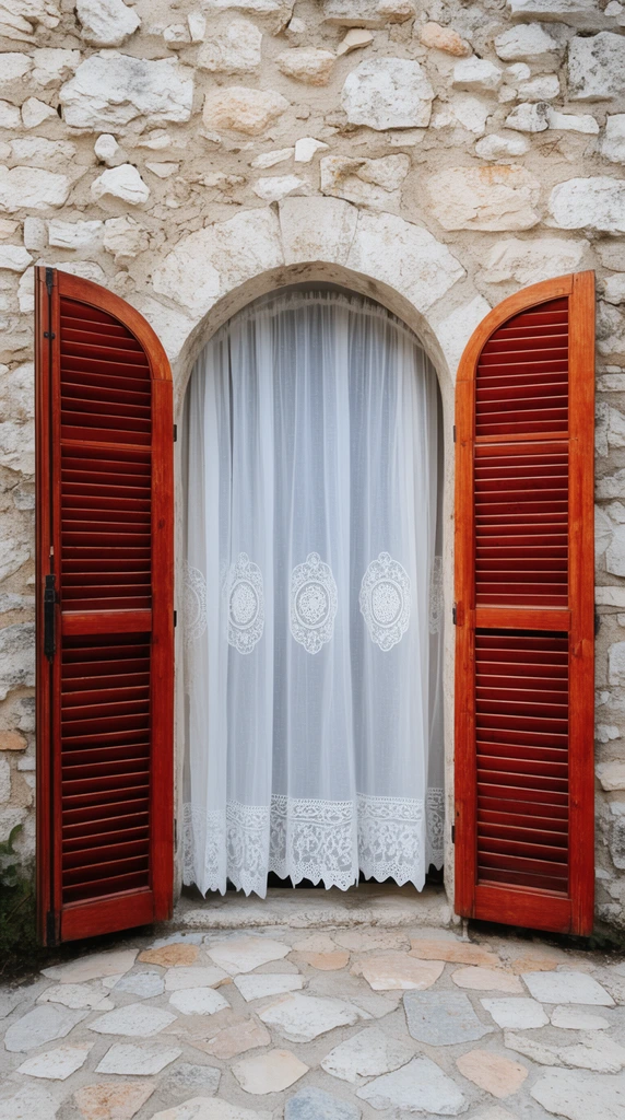 An arched doorway in a textured stone wall flanked by open reddish-brown louvered wooden shutters. A sheer white curtain with lace medallions and a scalloped hem covers the entrance. The ground features irregular paving stones under soft natural daylight.