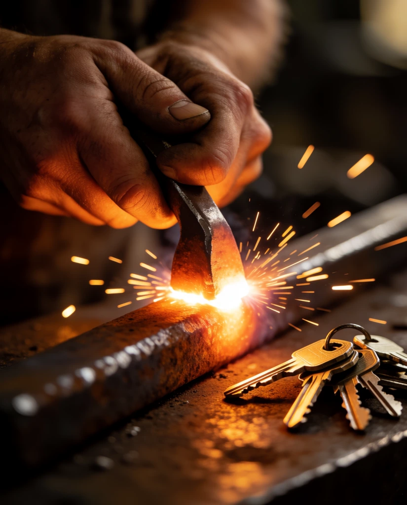 close-up of a craftsperson's hands gripping a metallic tool pressed against a thick rusty metal bar, brilliant white-hot flash at the contact point, bright orange sparks flying outward with motion blur, small pile of scattered silver keys resting on the textured iron surface, dark atmospheric workshop background, macro photography, extremely shallow depth of field, cinematic warm lighting, dramatic chiaroscuro, sharp focus on skin texture and glowing embers
