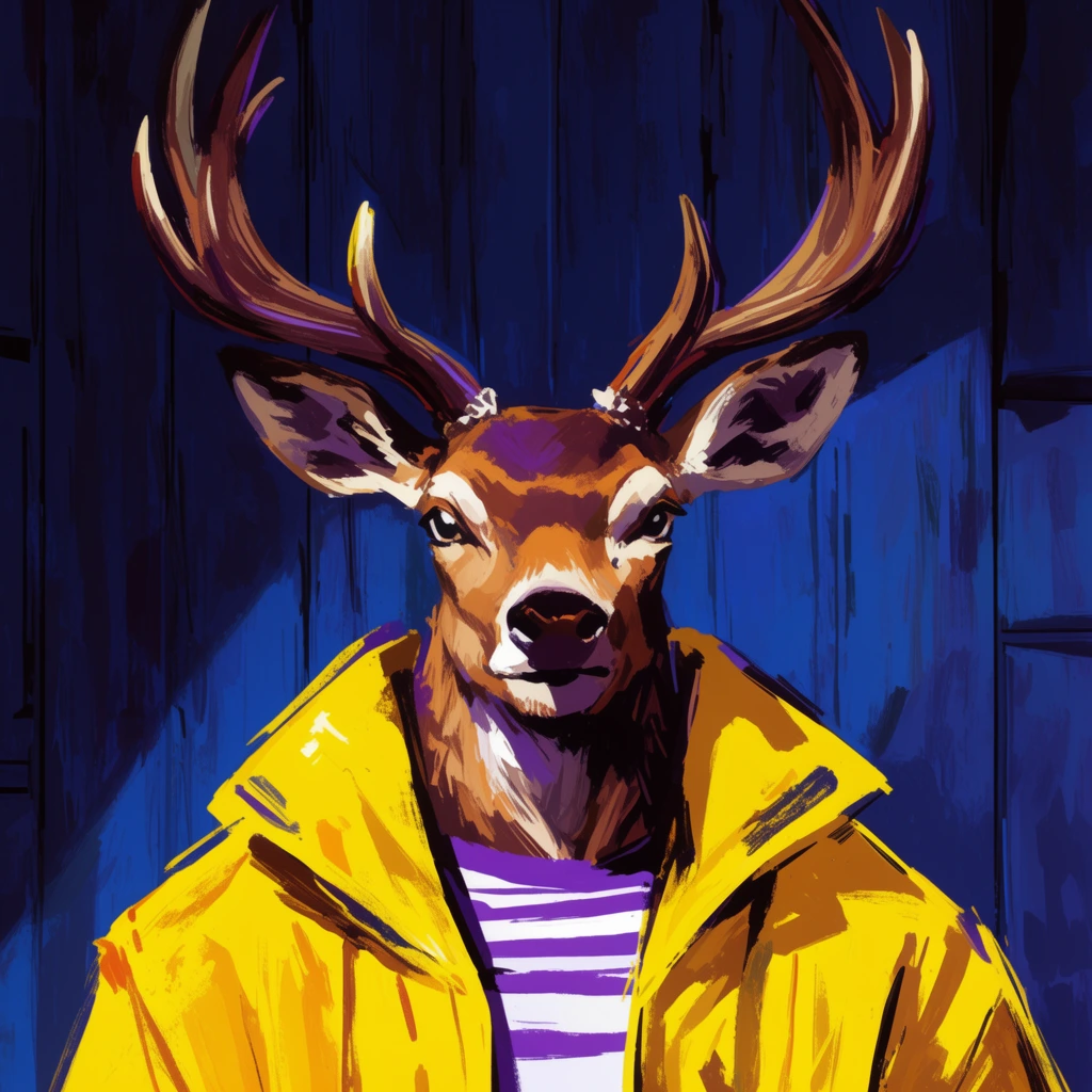 anthropomorphic deer in a bright yellow jacket and striped shirt, large branched antlers, dark blue wooden paneled background, graphic novel illustration, thick expressive brushstrokes, bold yellow and purple contrast, dramatic spotlighting