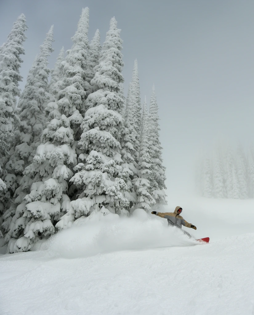 A snowboarder in a tan and grey jacket carves dynamically through deep powder, kicking up a massive plume of bright white snow with just the tip of a red snowboard visible. The rider leans into the turn with arms outstretched for balance. To the left, a towering cluster of evergreen trees is completely encased in heavy, textured snow, creating a massive frosty wall. The scene is enveloped in a hazy overcast atmosphere where the pale grey sky blends seamlessly into the snowy slope, while distant snow-laden trees fade into dense fog on the right under flat diffused lighting.