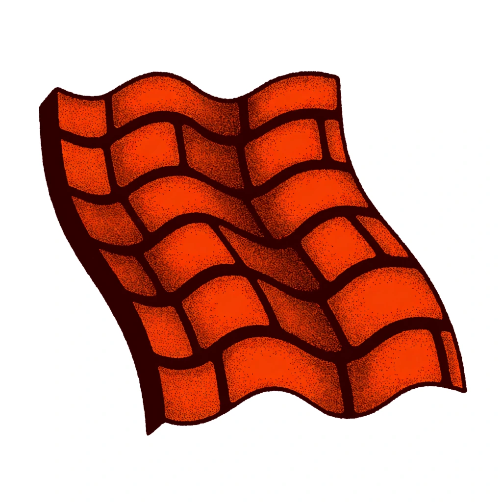 Surreal graphic illustration of a distorted brick wall, undulating wavy shape resembling flowing fabric, bright orange-red bricks with heavy stippled grain texture, thick dark maroon mortar lines, isometric depth on left edge, bold outlines, isolated on pure white background, pop art style, minimalist surrealism