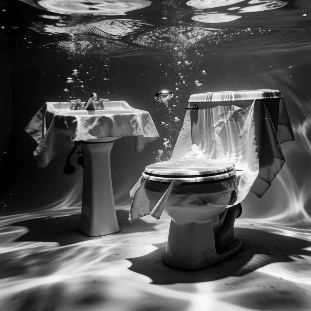 underwater black and white cinematic photography, high-contrast monochrome, gritty film grain, toilet and pedestal sink draped in thin pliable material, objects submerged and breaking through dark water surface, dramatic caustic light ripples, rising air bubbles, fluid surface distortion, deep shadows and brilliant highlights, ethereal chiaroscuro, tactile material folds clinging to heavy ceramic forms, moody noir aesthetic, silver gelatin print style, vertical composition.