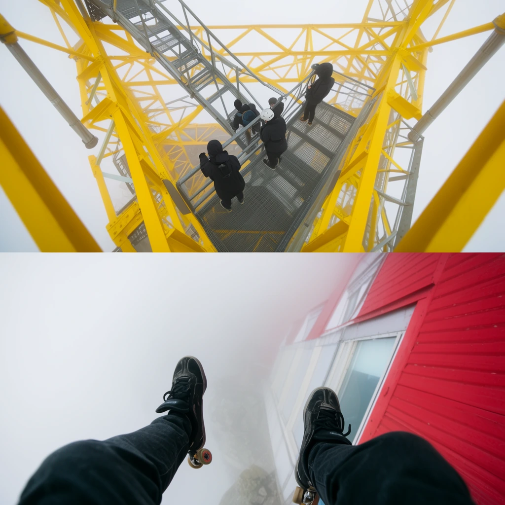 split image of dizzying high-altitude exploration, top panel downward view inside a bright yellow steel lattice tower in dense white fog, figures in dark clothing on a metal walkway, bottom panel first-person view of legs dangling over a sheer drop into thick fog, black skate shoes, red building facade, ultra-wide angle, vertigo perspective