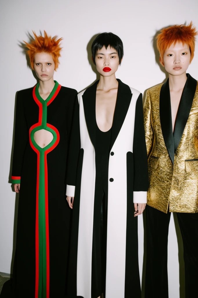 Three fashion models pose against a stark white wall showcasing avant-garde tailored garments. The left model features spiky orange hair and a floor-length black coat with bright red and green piping over a cutout midriff. The center model, with short black hair and bright red lips, wears a black-and-white color-blocked coat over a deep scoop-neck top. The right model, also with short orange hair, wears a textured metallic gold blazer with stark black lapels. Direct flash photography casts hard, sharp shadows on the backdrop, emphasizing geometric cuts, bold high-contrast color palettes, and a raw editorial fashion aesthetic.
