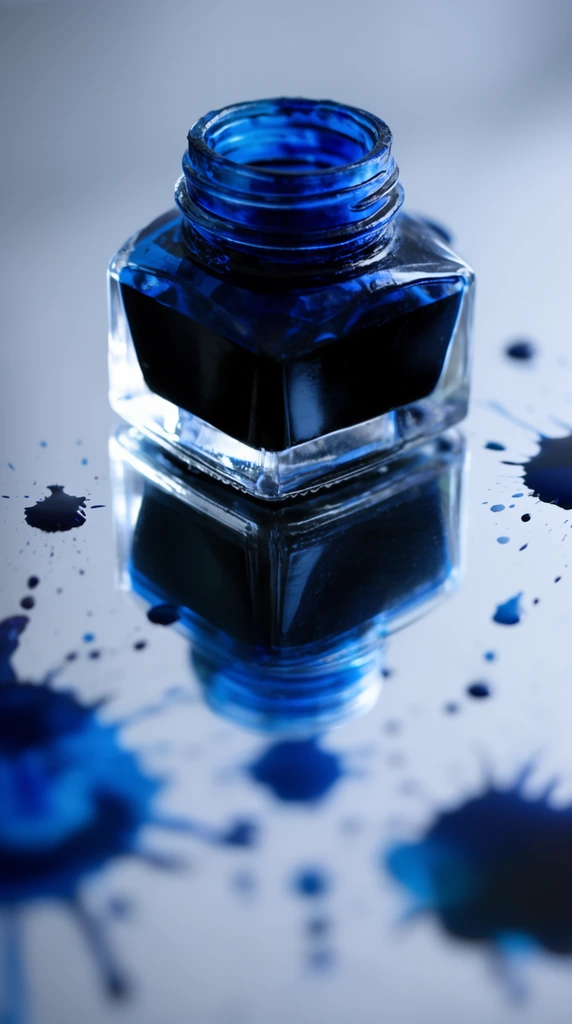 Open glass ink bottle filled with deep blue ink on a highly reflective silver mirror, sharp downward reflection of the faceted bottle base, scattered dark blue liquid splatters, shallow depth of field with heavily blurred foreground stains, macro photography, cool monochromatic blue and silver color palette, soft diffused lighting