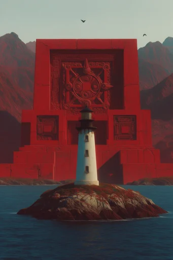 Crimson Surreal Monoliths style reference image — mythological scale