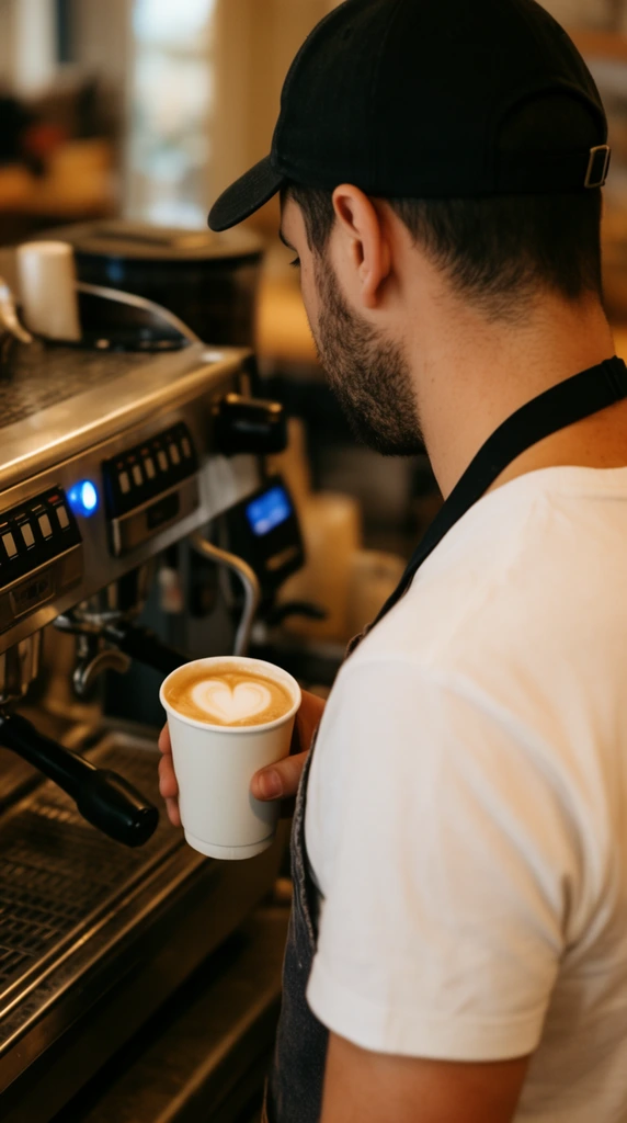 A barista viewed from behind operates a commercial espresso machine in a warmly lit cafe. The man features a dark stubble beard and wears a black baseball cap, a white short-sleeved t-shirt, and a dark apron with a black neck strap. His hand holds a white paper cup filled with a frothy beverage displaying a latte art heart. The metallic espresso machine on the left has black spouts and a glowing blue indicator light. The lifestyle photograph uses a shallow depth of field, keeping the figure and cup in sharp focus against a softly blurred background, characterized by warm color grading and an intimate over-the-shoulder perspective.