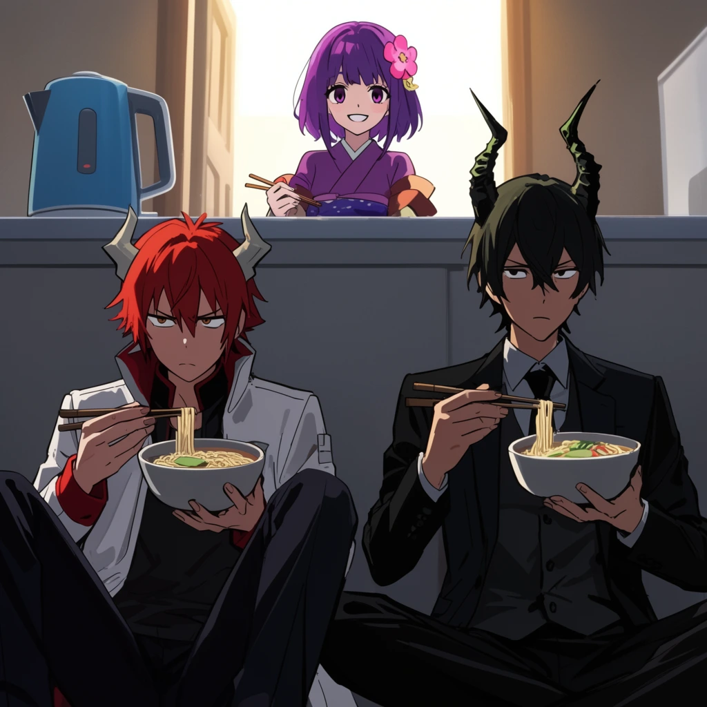 three horned anime characters in a kitchen, low-angle perspective, two young men sitting on the shadowed floor eating noodles with chopsticks, annoyed red-haired male with flat gray horns wearing a white jacket, suspicious black-haired male with branching horns wearing a black suit, smiling young woman with purple hair and a pink flower standing behind a gray counter, bright backlit doorway, blue electric kettle, cel-shaded illustration, dramatic lighting contrast